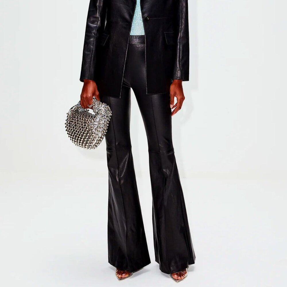 NWT-ROSETTA GETTY STRETCH LAMBSKIN PULL ON FLARE PANT BLK. SZ.10